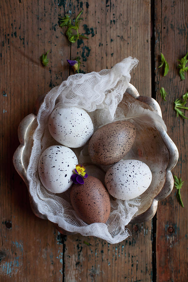 Speckled Eggs On Piece Of Muslin In Rustic Bowl Photograph by Alicja Koll