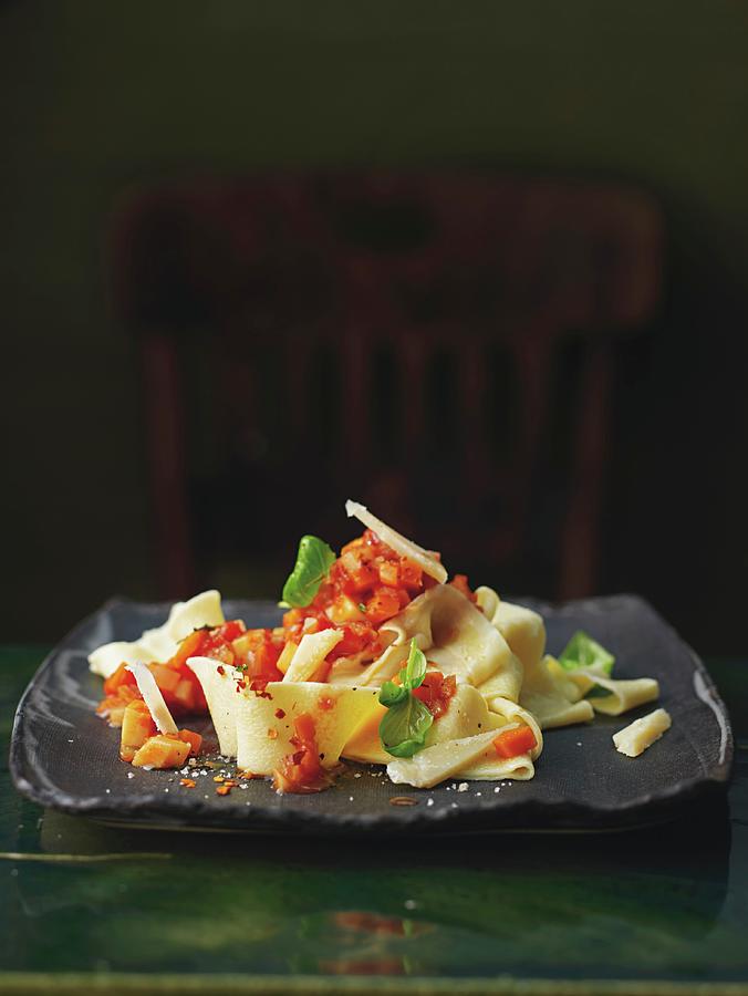 Spelt Pappardelle With Turnip Bolognese And Tomatoes Photograph by Jalag / Jan-peter Westermann