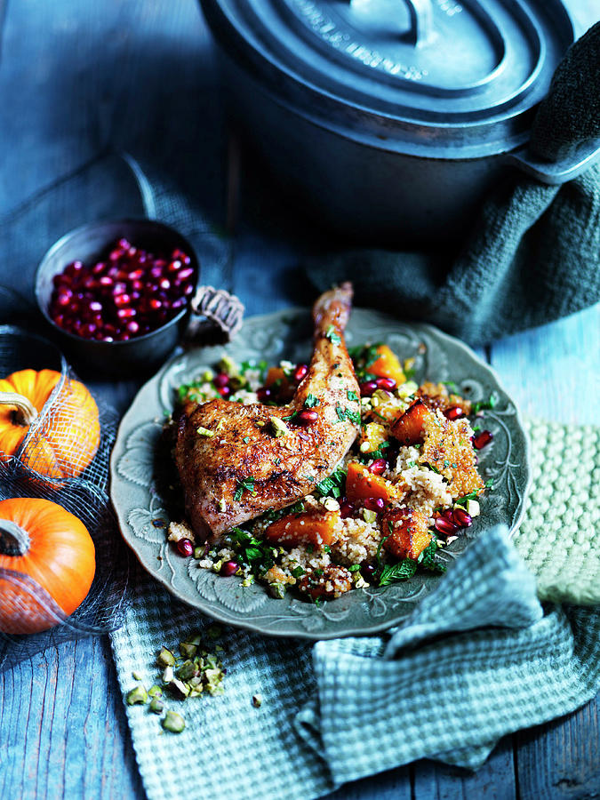 Spiced Chicken With Cous Cous, Pumpkin, Mint And Pomegranate Photograph by Karen Thomas