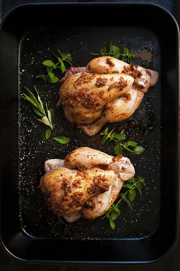 Spiced Chickens In A Roasting Tin Photograph by Magdalena Hendey