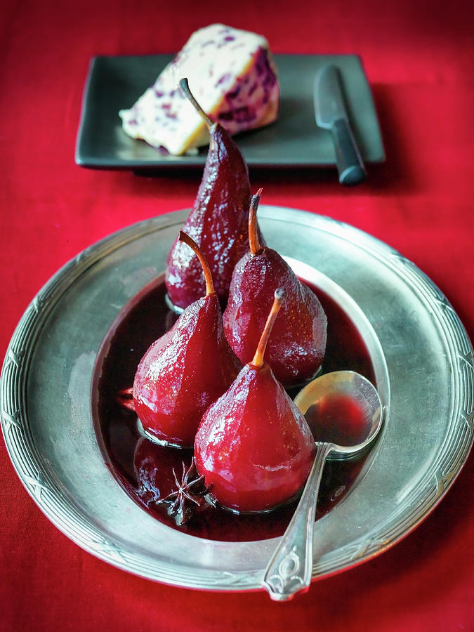 Spiced Christmas Pears In Red Wine With Stilton Cheese Photograph by Michael Paul