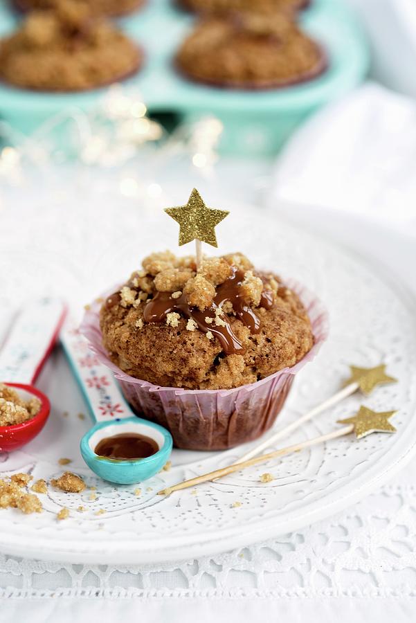 Spiced Date And Pecan Nut Muffins With Caramel Sauce And Crumbles christmas Photograph by Lucy Parissi