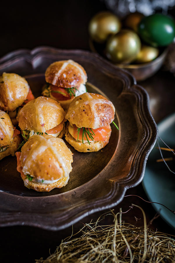 Spiced Hot Cross Buns With Salmon And Cream Cheese For Easter High Tea Photograph by Hein Van Tonder