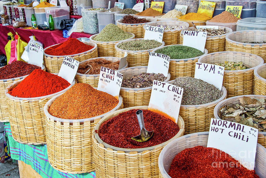 Display of colorful spices in a market,Turkey Photograph by Delphimages Photo Creations