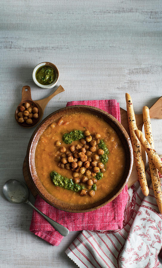 Spicy Chickpea Soup With Coriander Pesto And Dukkah Breadstick Photograph by Great Stock!