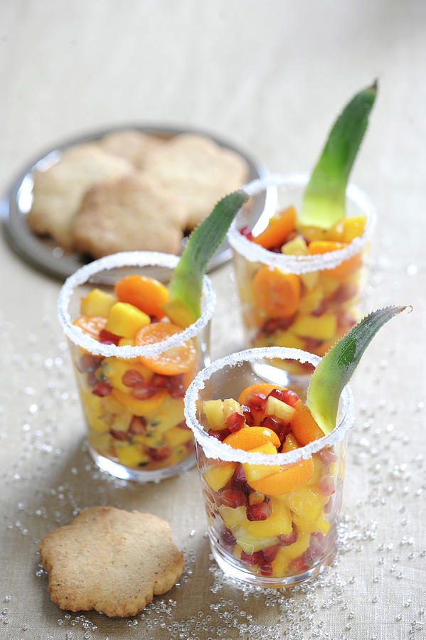 Spicy Exotic Fruit Salads With Rum And Shortbread Biscuits Photograph by Schmitt