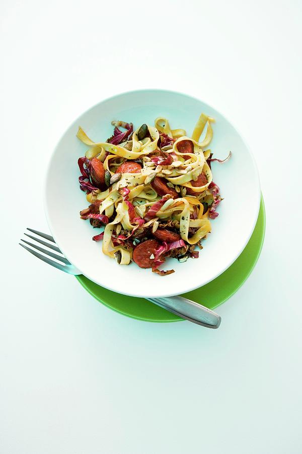 Spicy Fried Pasta With Chorizo, Radicchio And Seeds Photograph by Michael Wissing