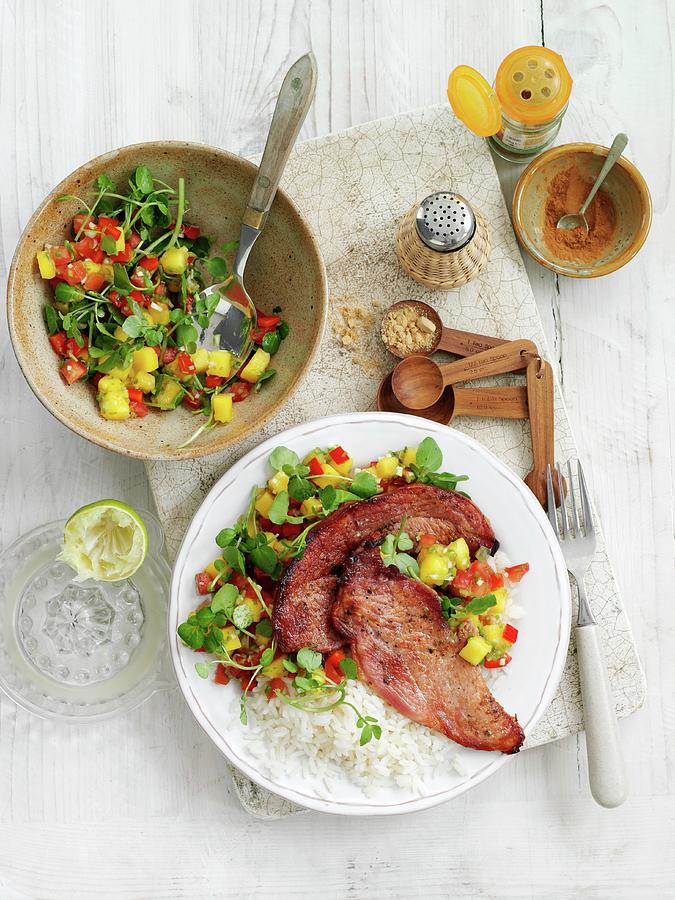 Spicy Gammon Steaks With Rice And Salsa Photograph by Gareth Morgans