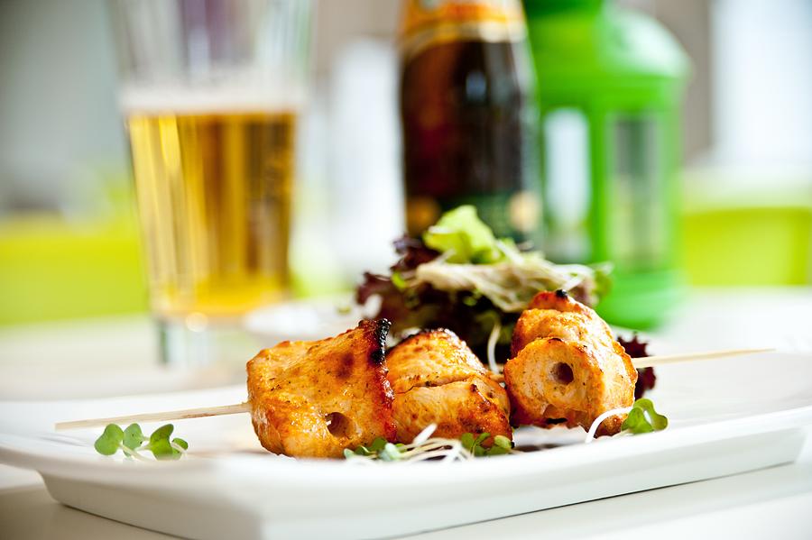 Beer Photograph - Spicy Meat Skewer With Salad by Kapoor, Nitin
