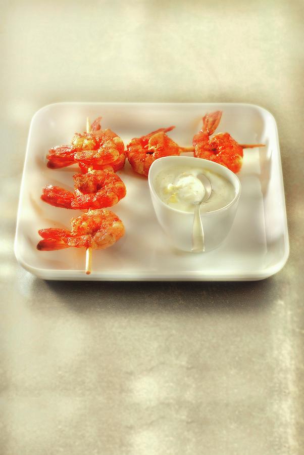 Spicy Shrimp Brochettes With Yoghurt Sauce Photograph by Perrin