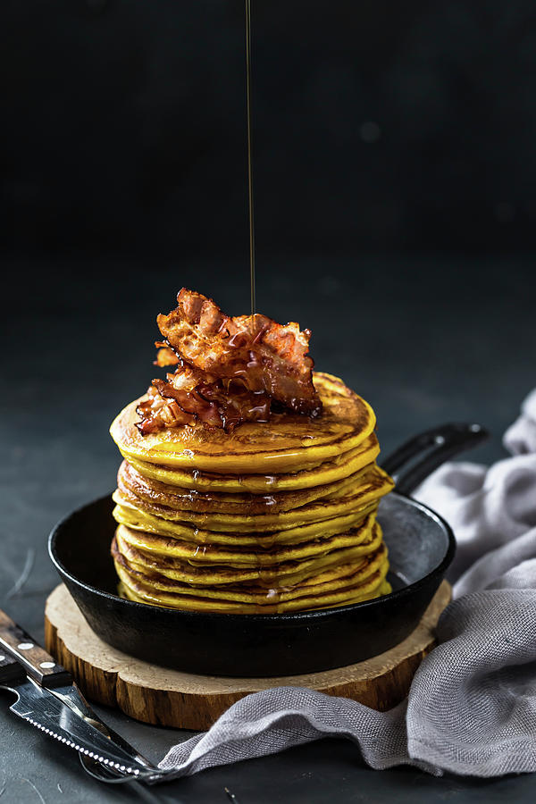 Spicy Sweet Potato Pancakes With Bacon And Maple Syrup Photograph by Anna Lukasiewicz