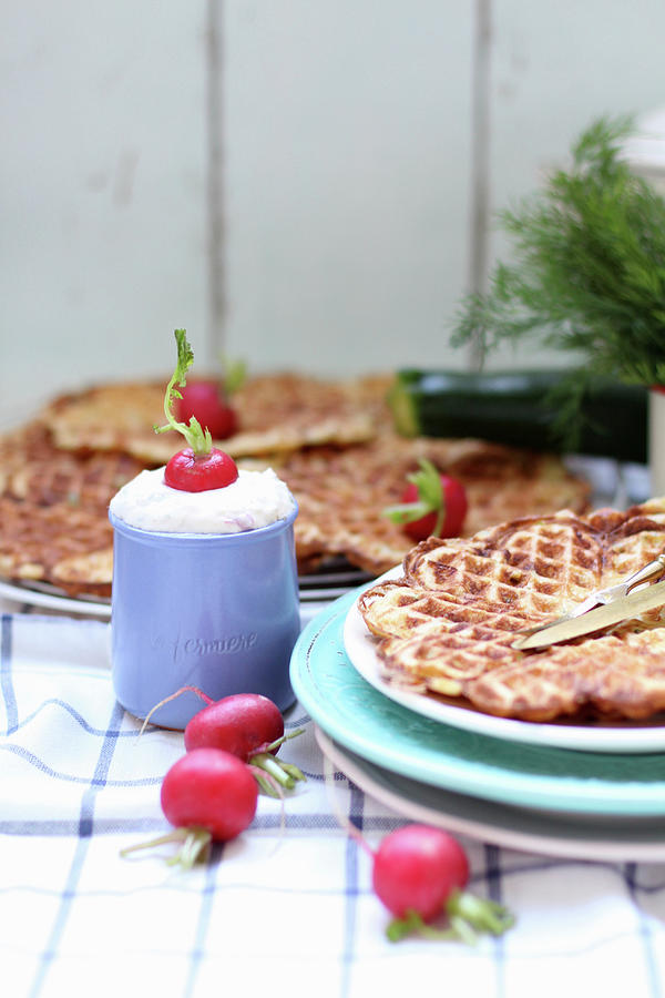 Spicy Waffles Served With Radishes And A Quark Dip Photograph by Sylvia E.k Photography