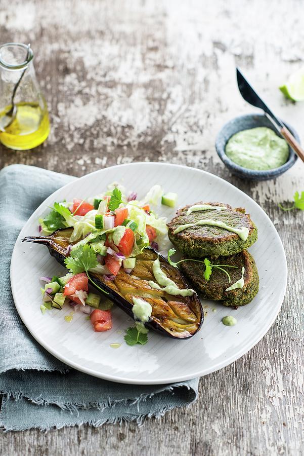 Spinach Falafels, Grilled Aubergines And Mixed Salad Photograph by Thys