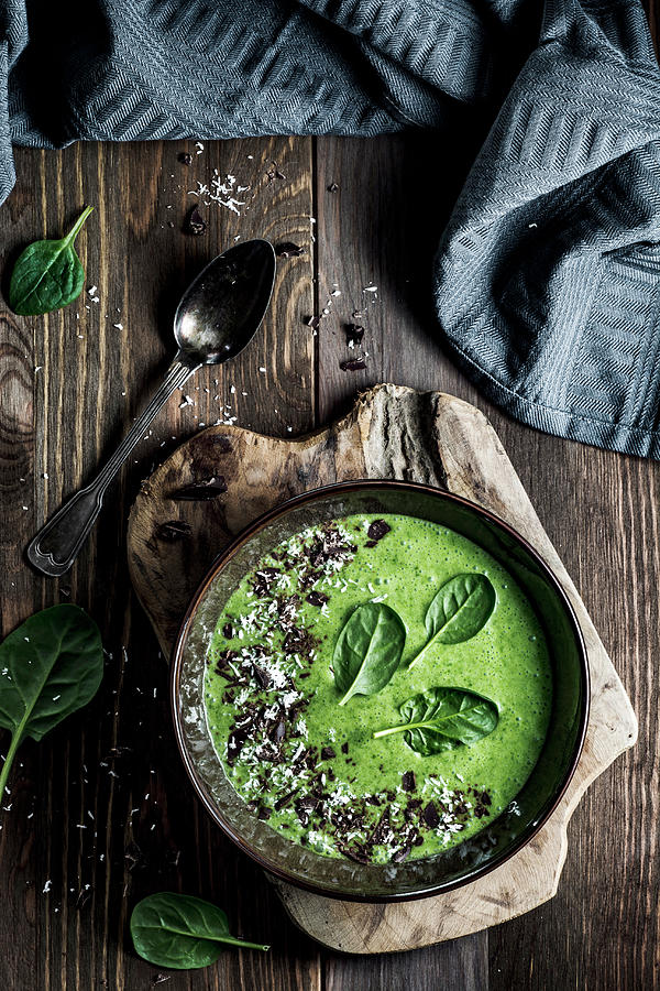 Spinach Smoothie With Coconut Milk, Chocolate And Coconut Shrims Photograph by Mateusz Siuta