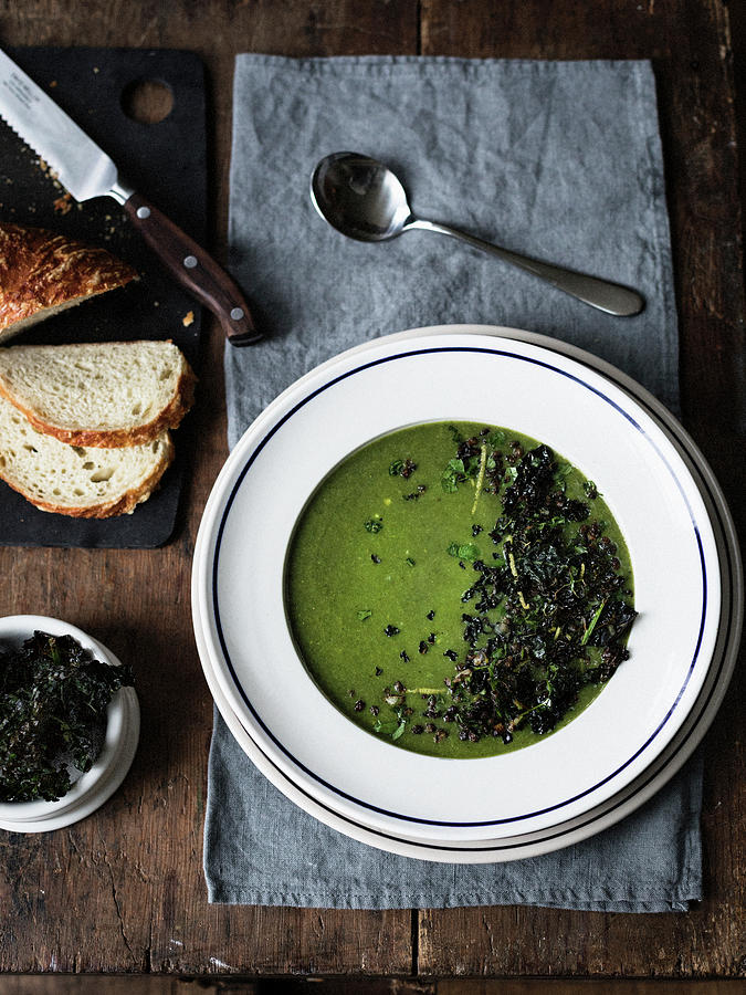 Spinach Soup Garnished With Sauteed Lentils, Kale Crisps, Pasley And Lemon Zest Photograph by Joan Ransley