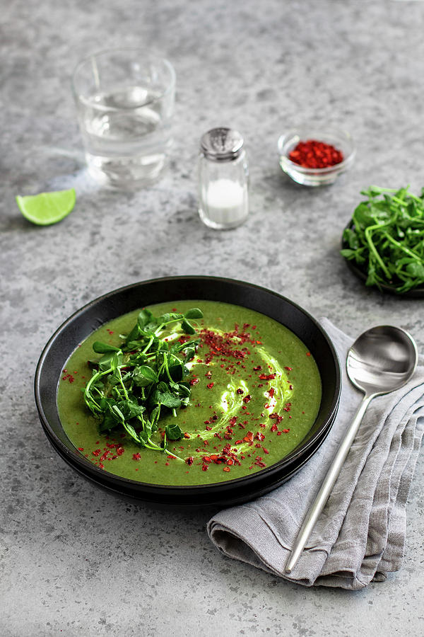 Spinach Soup With Chilli Flakes And Watercress Photograph by Yulia Shkultetskaya