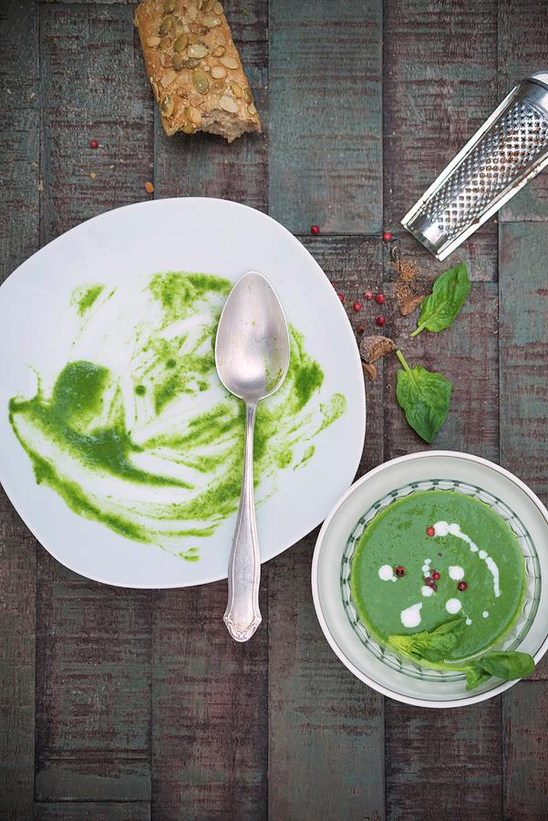 Spinach Soup With Crme Frache, Pink Pepper And Fresh Spinach Photograph by Angelika Grossmann