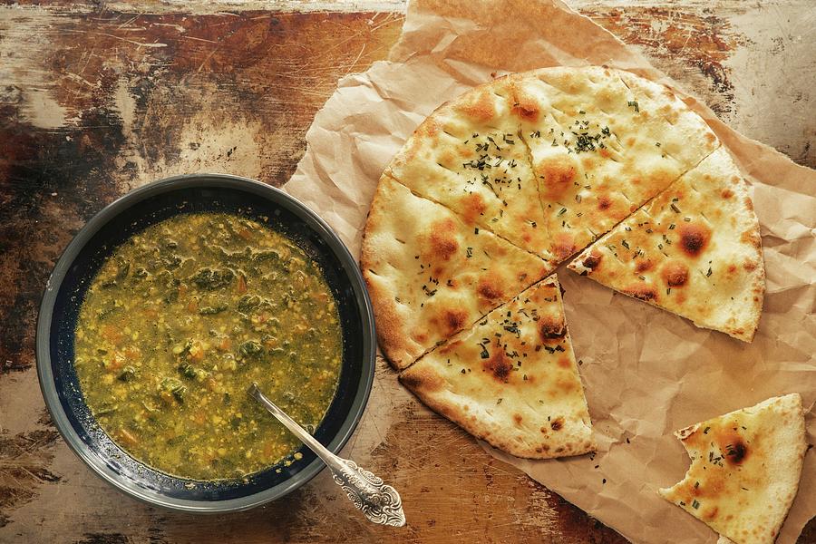 Spinach Soup With Flatbread top View Photograph by Galya Ivanova