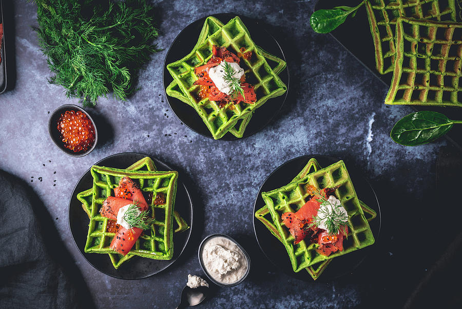 Spinach Waffles With Smoked Salmon And Horseradish Cream Photograph by Christian Kutschka