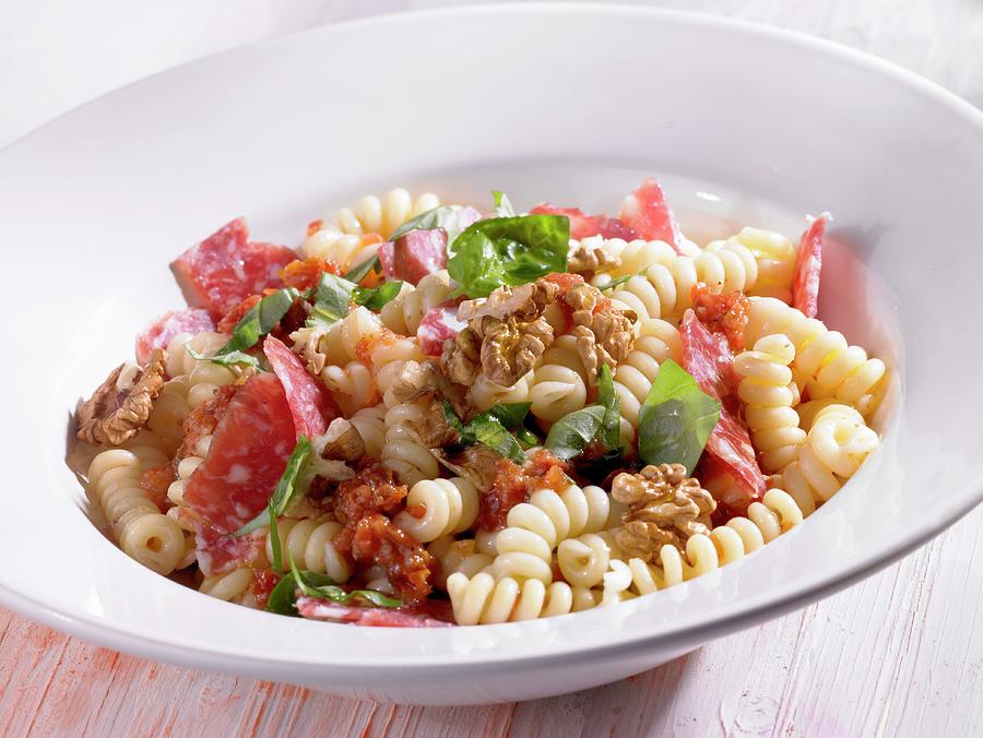 Spiral Pasta With Salami, Walnuts And Basil Photograph by Barbara Lutterbeck