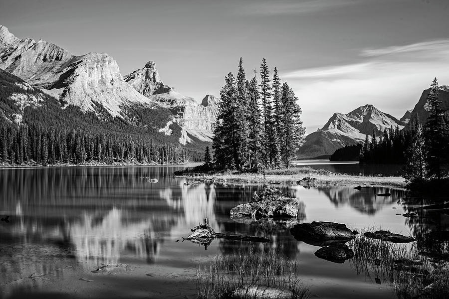 Spirit Island Maligne Lake Jasper National Park Alberta Canada Black and White Photograph by Toby McGuire