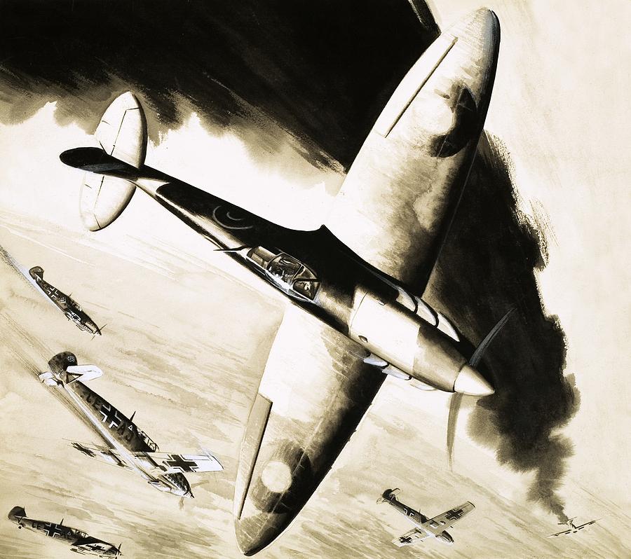 Spitfire In Dogfight With German Fighters Painting by English School