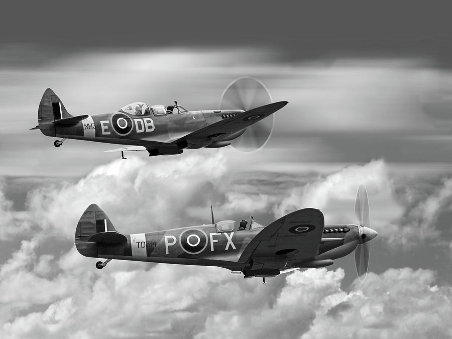 Spitfires Above The Clouds Black And White Photograph by Gill Billington