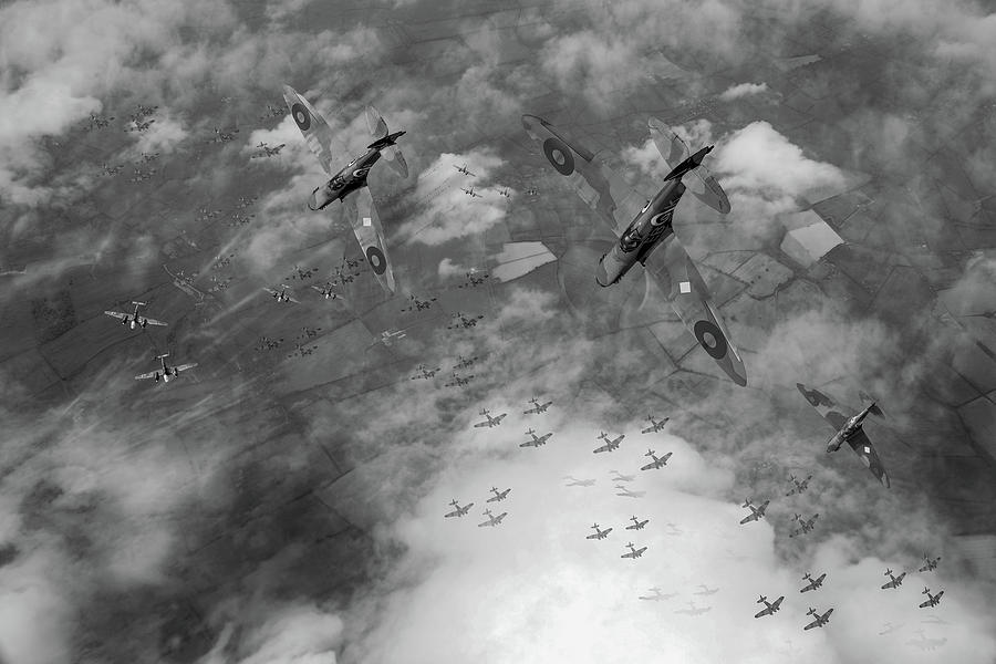 Spitfires swoop black and white version Digital Art by Gary Eason