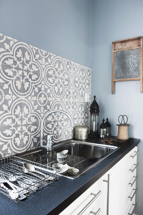 Splashback Of Classic Patterned Tiles Above Sink Photograph by Annette ...