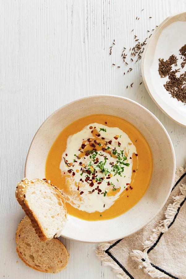 Split Pea Soup With Caraway And Sour Cream Photograph by Veronika Studer