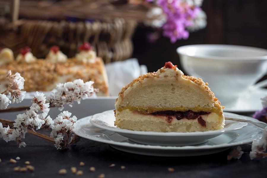Sponge Cake Filled With Vanilla Cream, Apple, Mango And Lingonberries, Coated In Hazelnut Brittle vegan Photograph by Kati Neudert