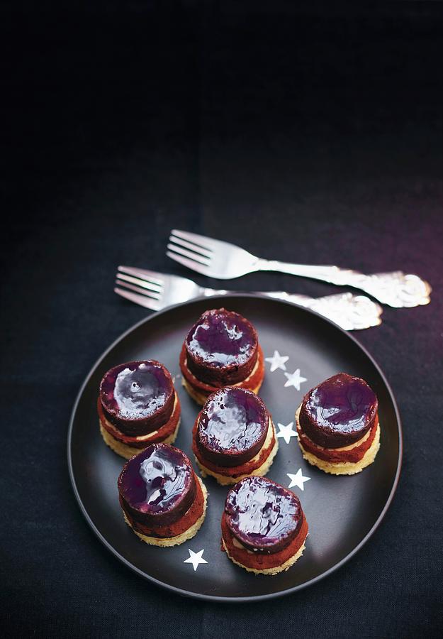 Sponge Cake, Truffle, Strong Cocoa Sponge Cake And Violet Syrup Sweet Petit Fours Photograph by Roulier-turiot