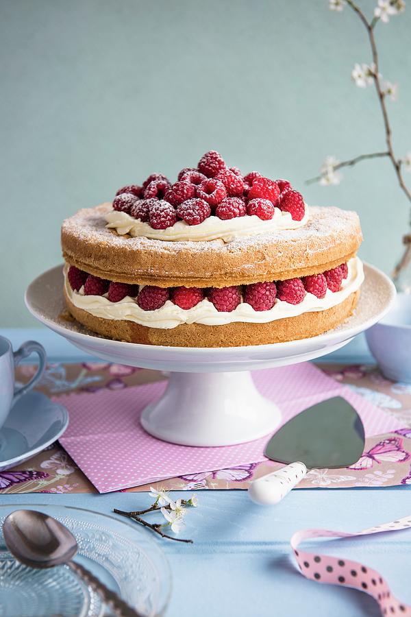 Sponge Cake With Raspberries Photograph by Magdalena Hendey