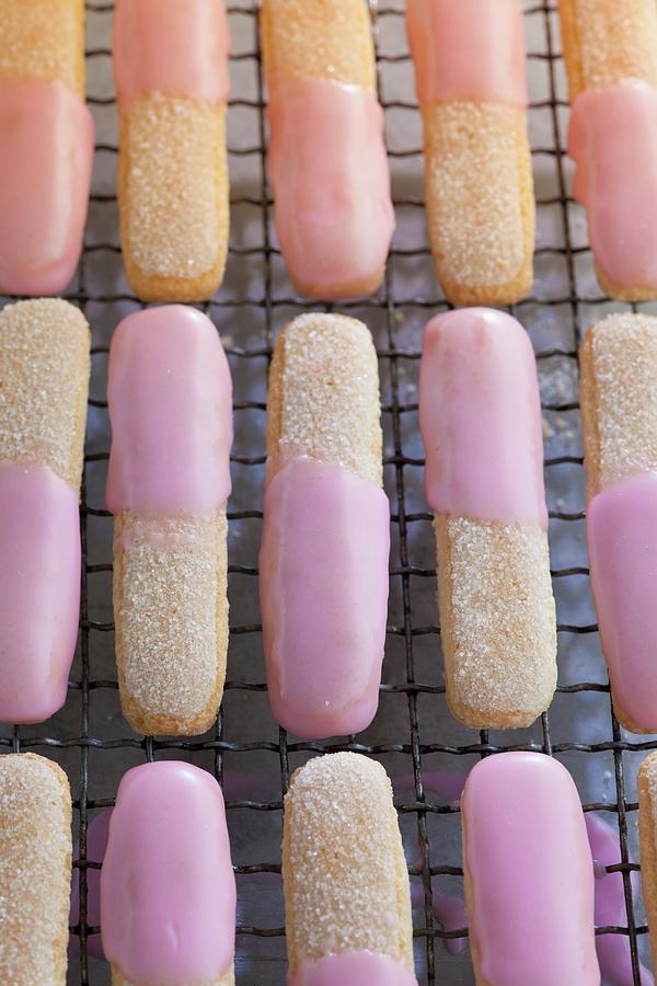 Sponge Fingers With Pink Icing On A Cake Rack Photograph by Eising Studio