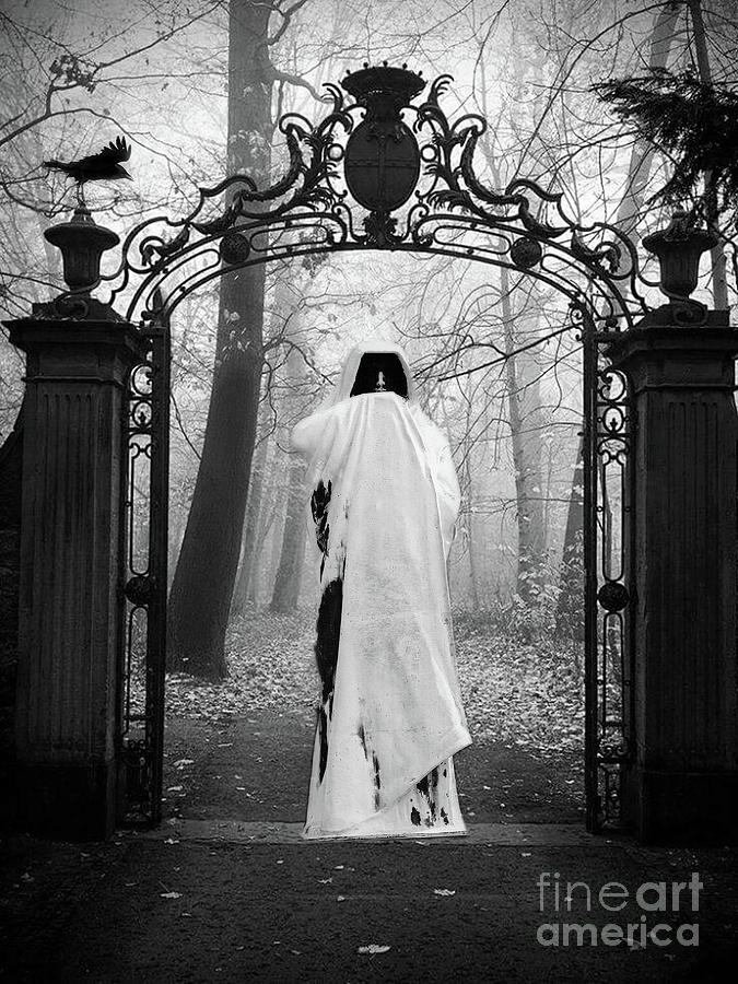 Halloween Digital Art - Spooky Grim Reaper Cemetery Statue Ravens Haunting Halloween Prints - Halloween Grim Reaper Cemetery by Kathy Fornal