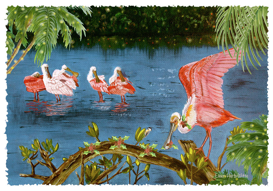 Christmas Painting - Spoonbills Christmas by Eileen Herb-witte