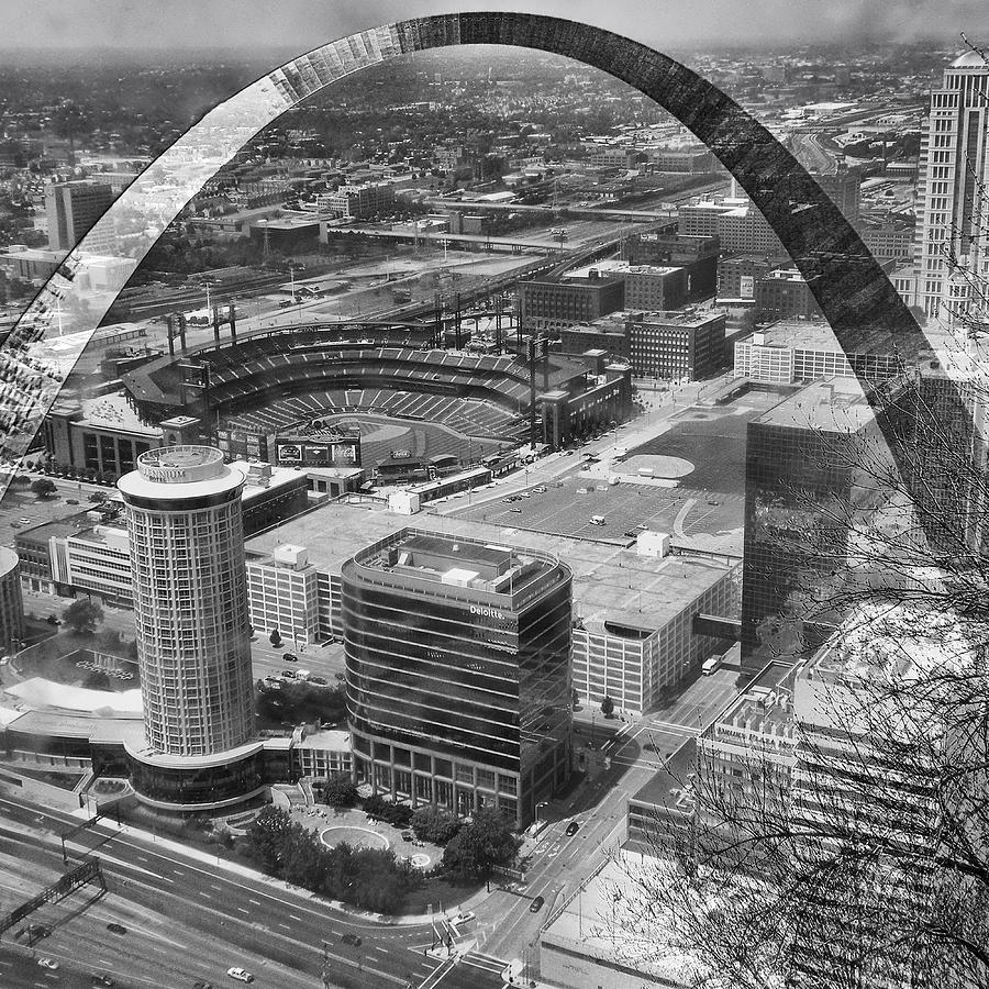 Sports St Louis Busch Stadium A View From The Arch BW SQ Format Photograph by Thomas Woolworth