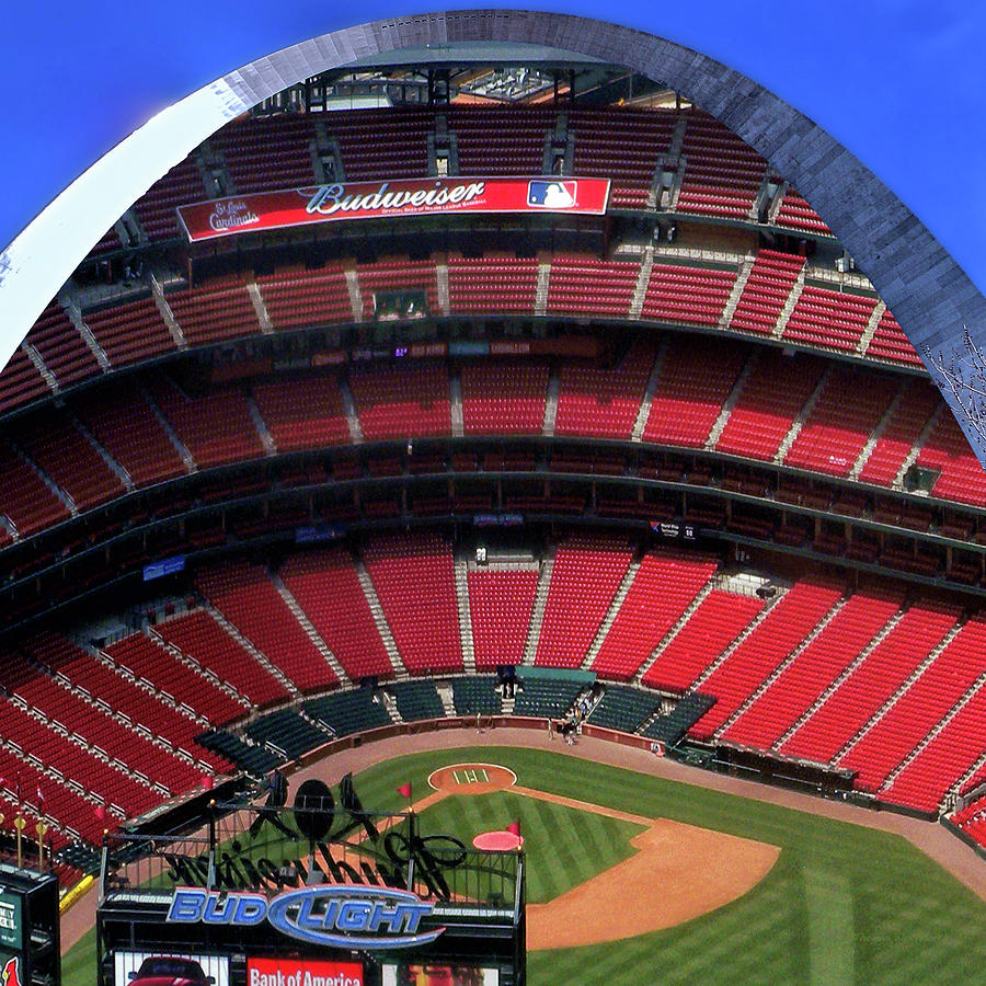 Landscape Photograph - Sports St. Louis Busch Stadium A Zoomed View From The Arch SQ Format by Thomas Woolworth