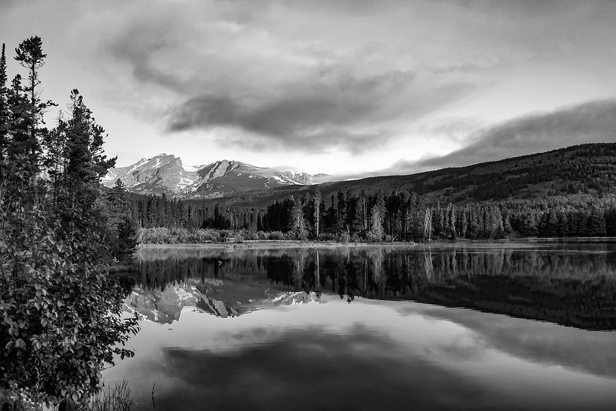 Sprague Lake Mountain Landscape Morning Reflections - Rocky Mountain National Park Monochrome Photograph by Gregory Ballos