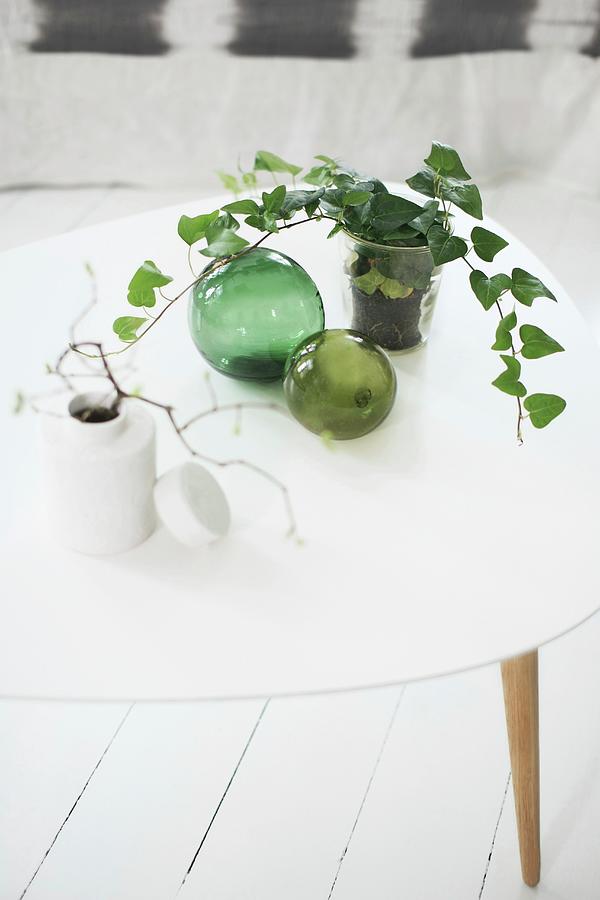 Sprigs Of Leaves In Various Vases And Decorative, Green Glass Spheres On White Coffee Table Photograph by Annette Nordstrom