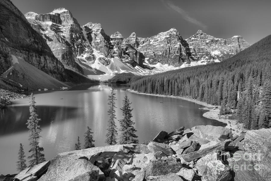 Spring Afternoon At Moraine Lake Black And White Photograph by Adam Jewell