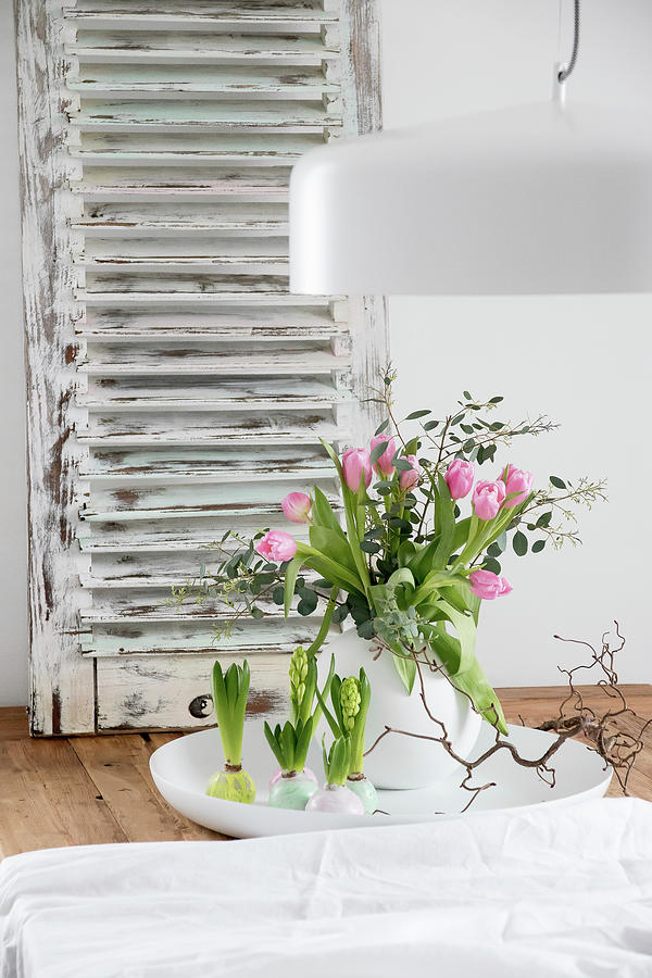 Spring Arrangement Of Tulips In Spherical Vase And Hyacinths With Waxed Bulbs Photograph by Astrid Algermissen