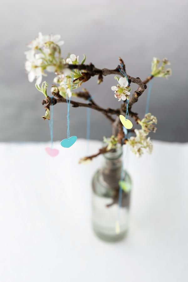 Spring Arrangement: Paper Hearts Hung From Branch Of Blossom Photograph by Mandy Reschke