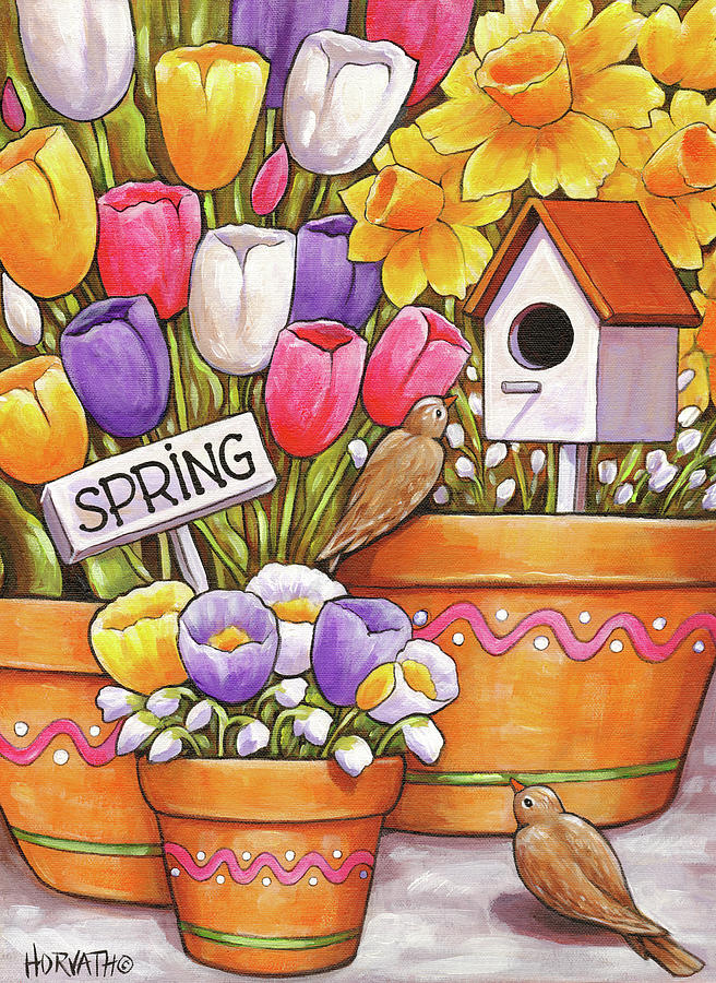 Spring Painting - Spring Birds Flowers by Cathy Horvath-buchanan