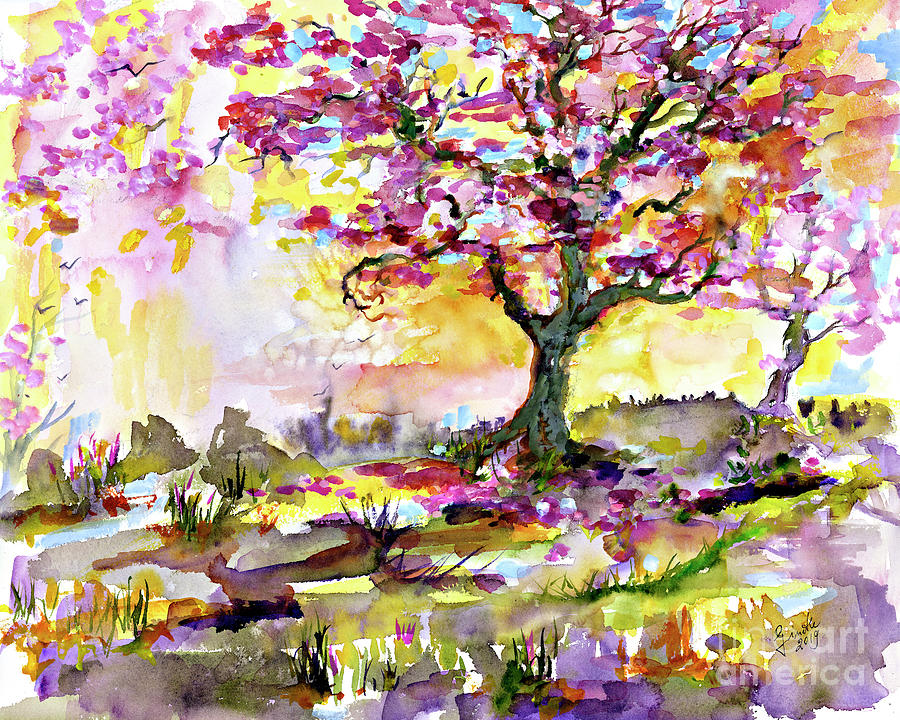 Spring Blossom Tree Warm Watercolor Painting by Ginette Callaway