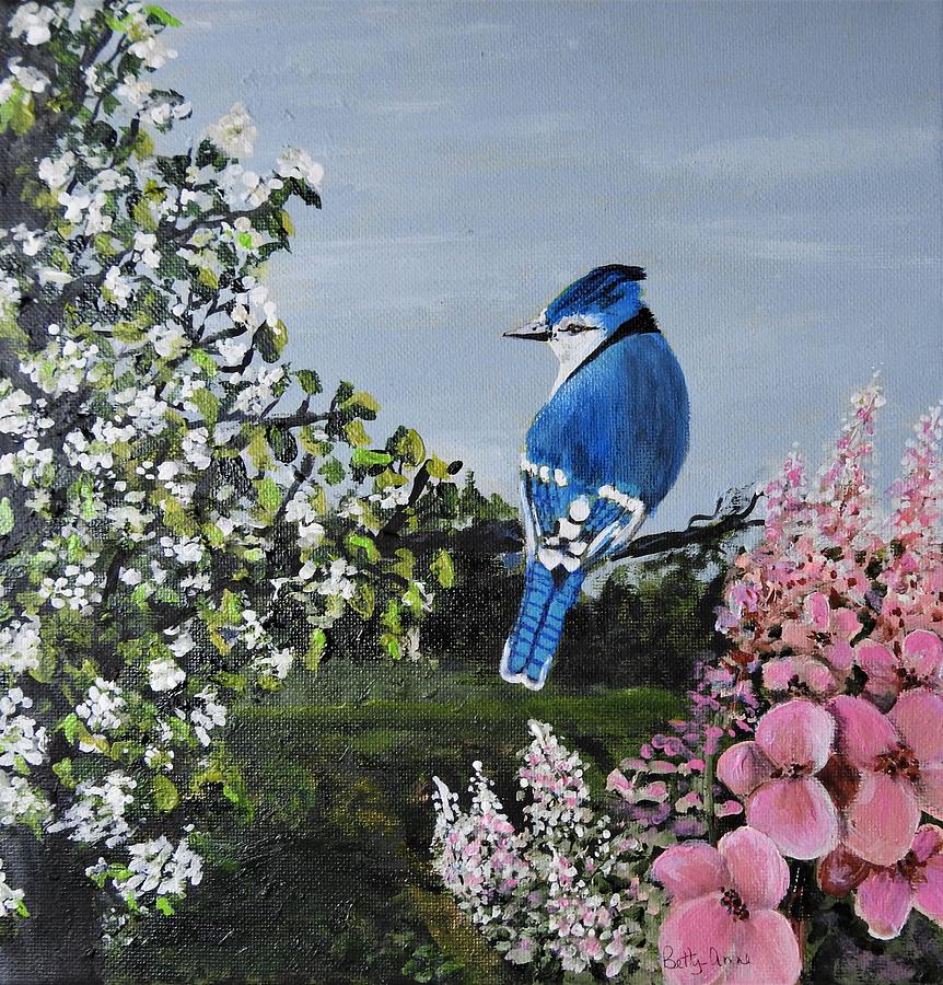 Spring Blue Jay Painting by Betty-Anne McDonald