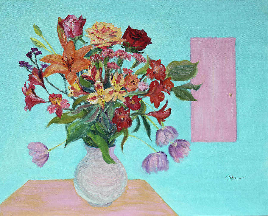 Spring Bouquet and Pink Door Painting by Asha Carolyn Young