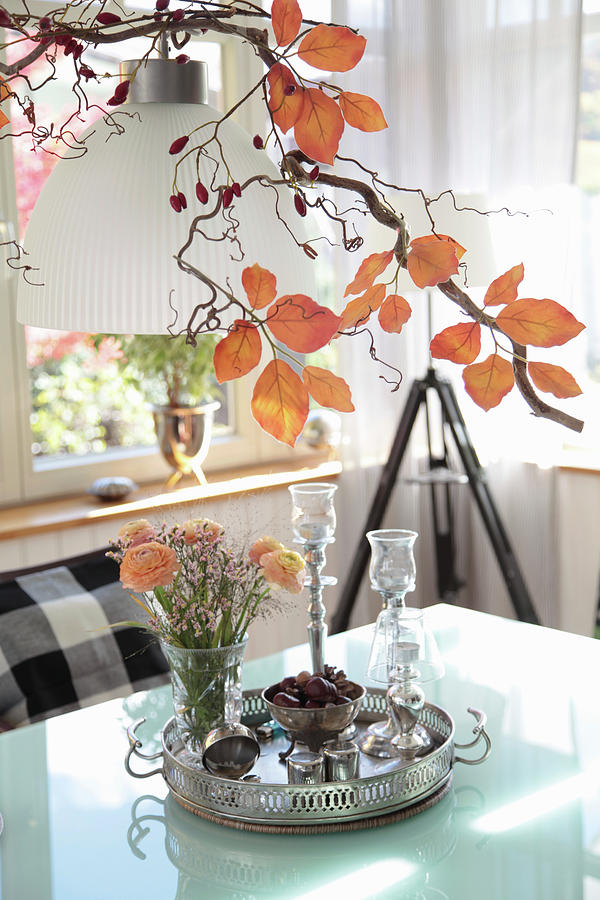 Spring Bouquet Of Ranunculus Below Artistically Arranged Autumn Twigs Photograph by Sonja Zelano