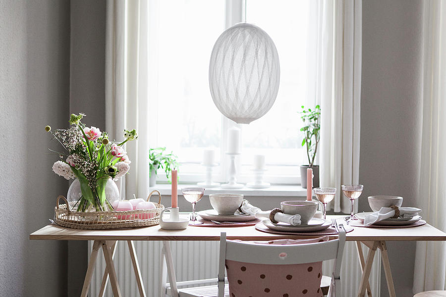 Spring Bouquet On Table Set In Pastel Pink Shades Photograph by Hej.hem Interior