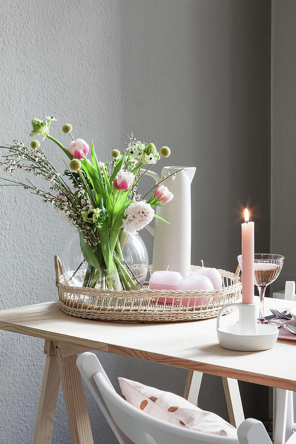 Spring Bouquet With Tulips And Pastel Pink Candle On Table Photograph by Hej.hem Interior